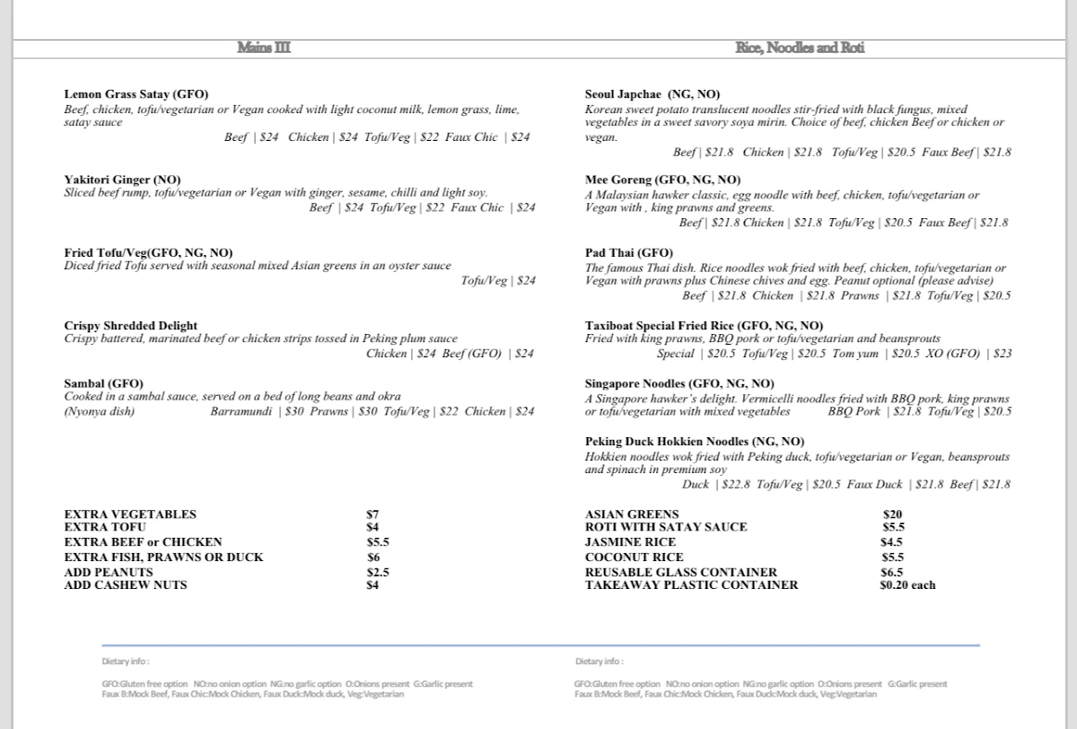Menu, Taxiboat