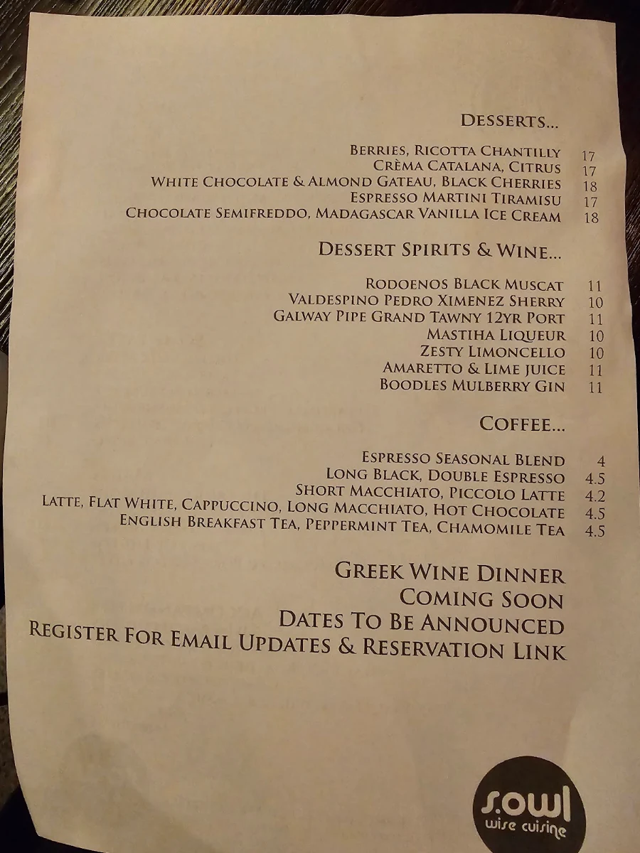 Menu, SOWL Restaurant