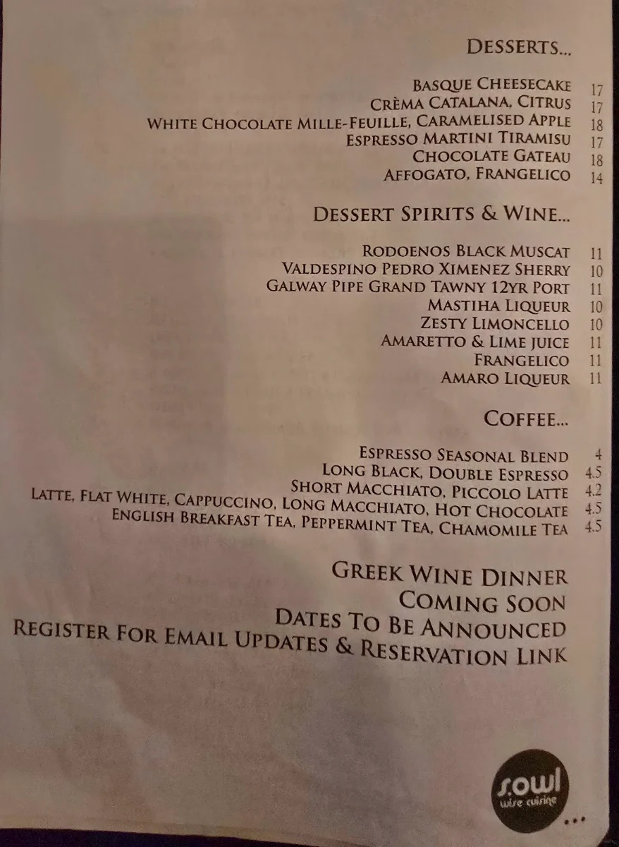 Menu, SOWL Restaurant