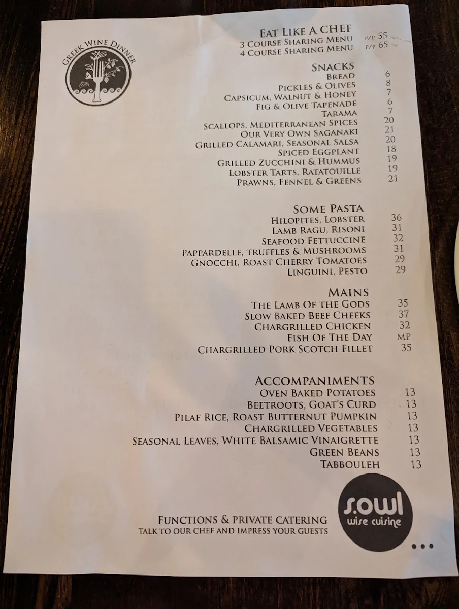 Menu, SOWL Restaurant