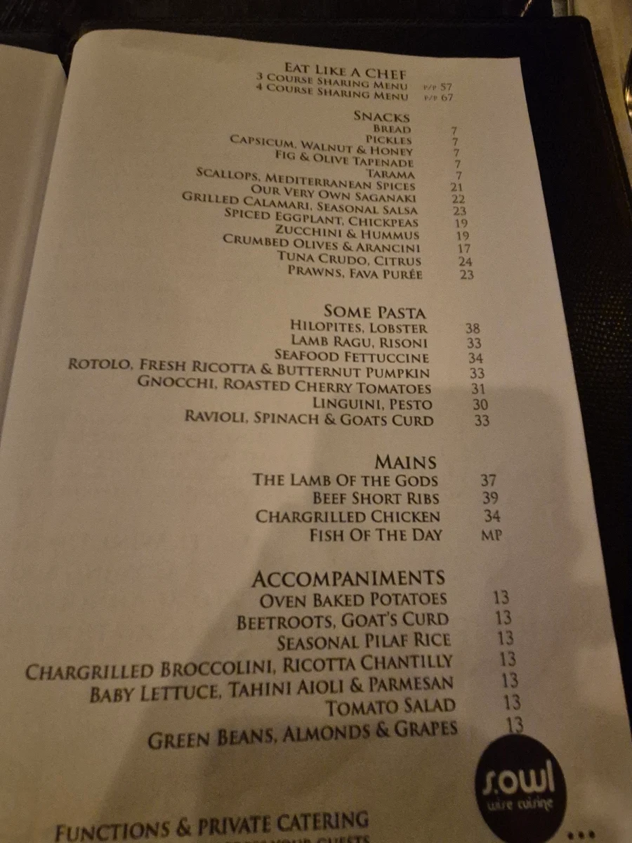 Menu, SOWL Restaurant