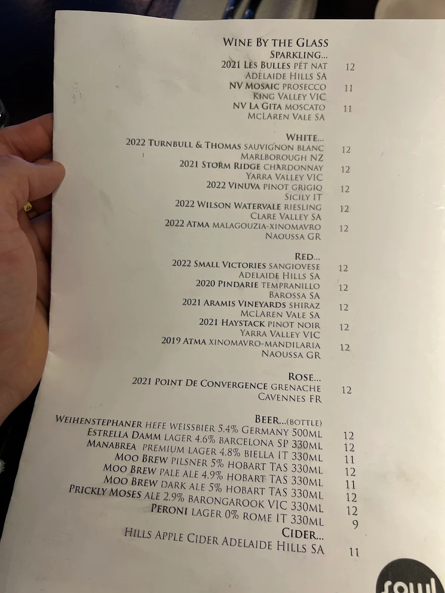 Menu, SOWL Restaurant