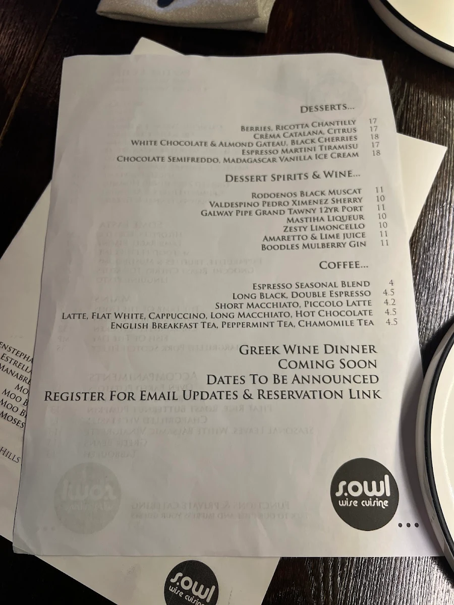 Menu, SOWL Restaurant
