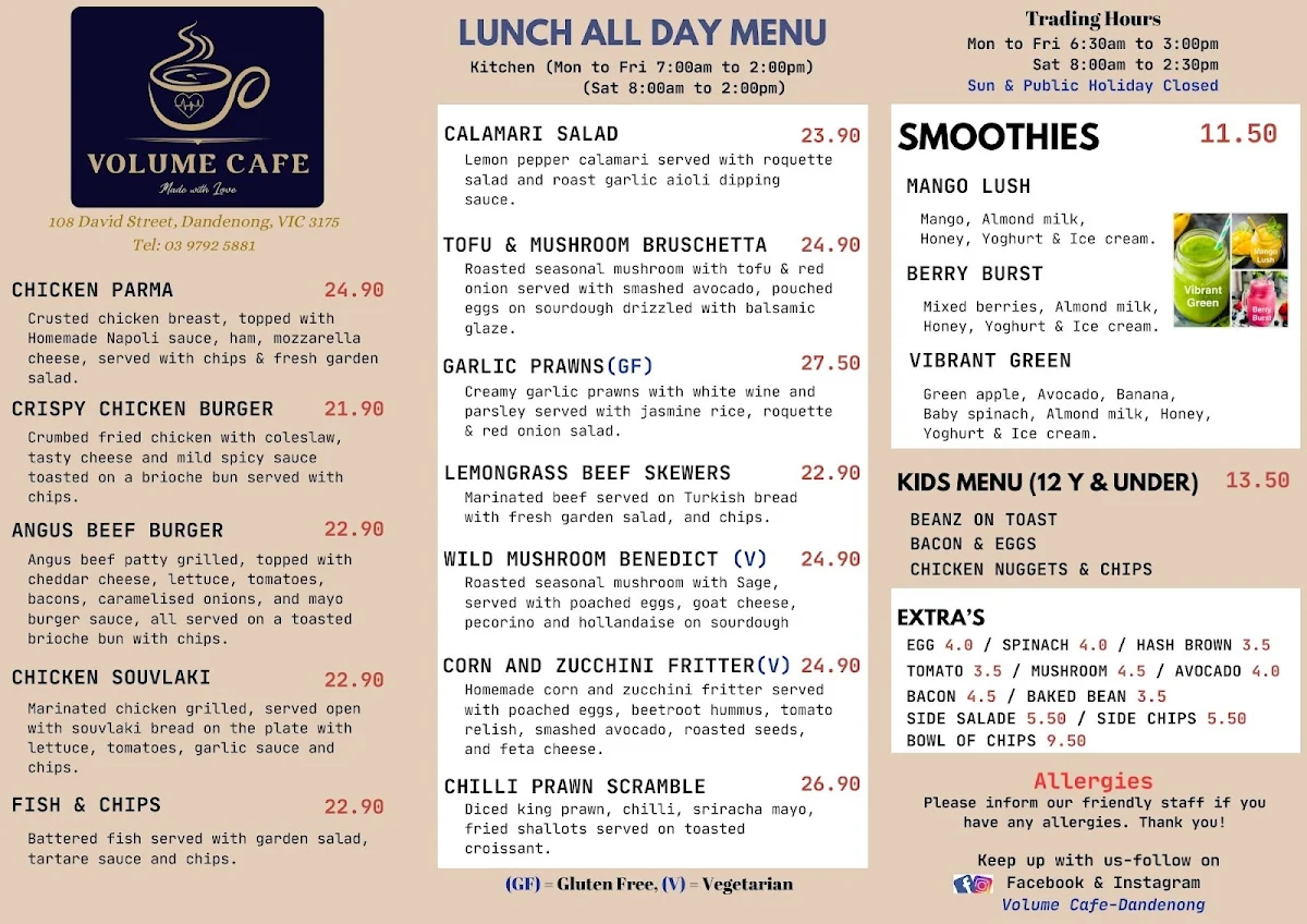 Menu, Volume Cafe Dandenong