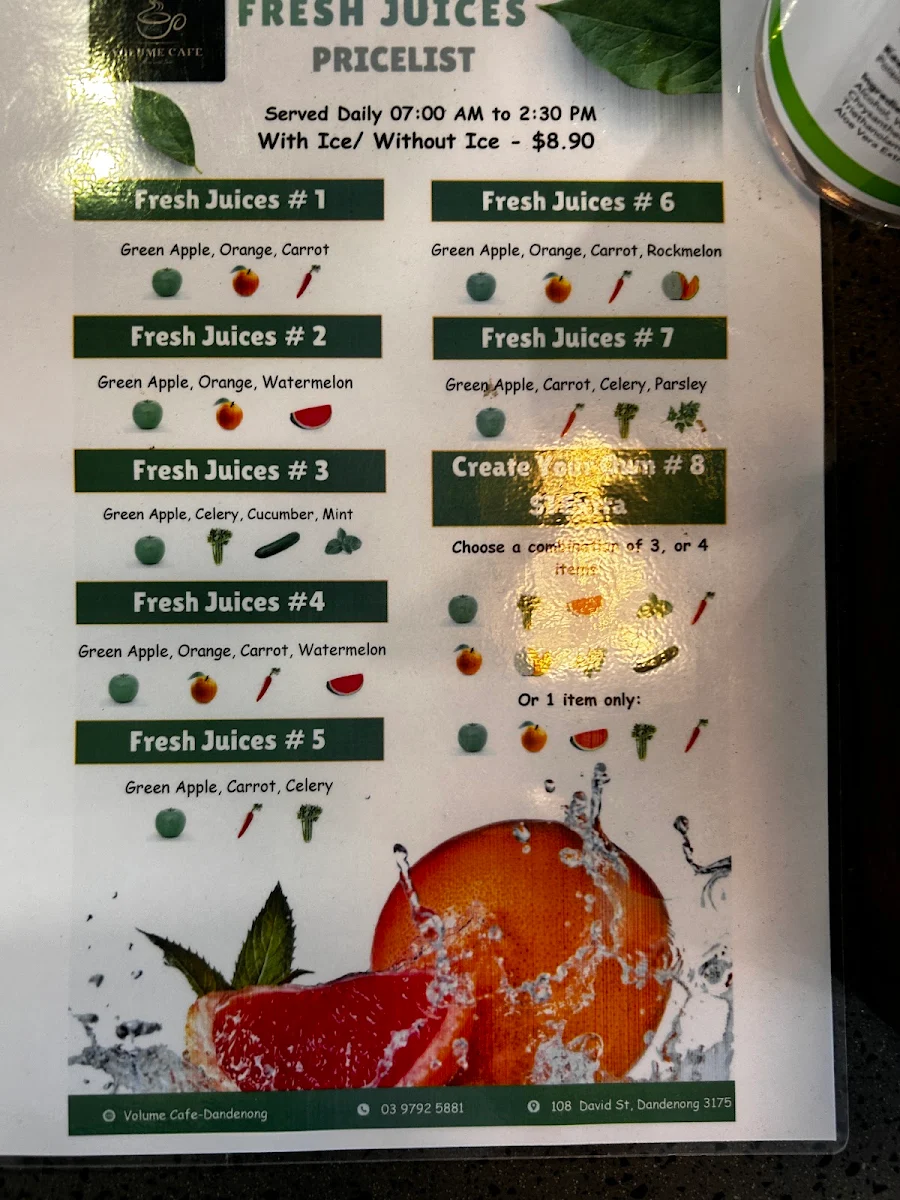 Menu, Volume Cafe Dandenong