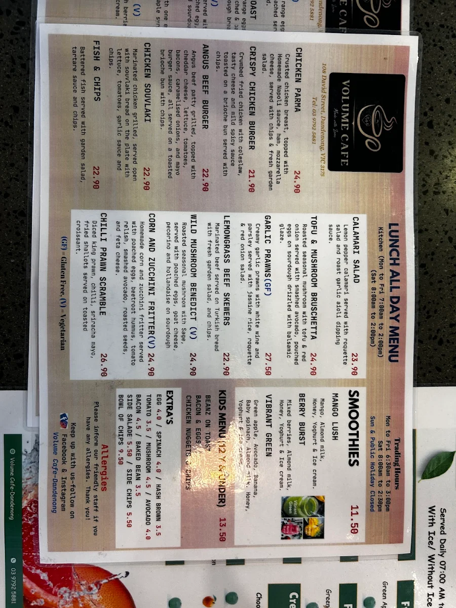 Menu, Volume Cafe Dandenong