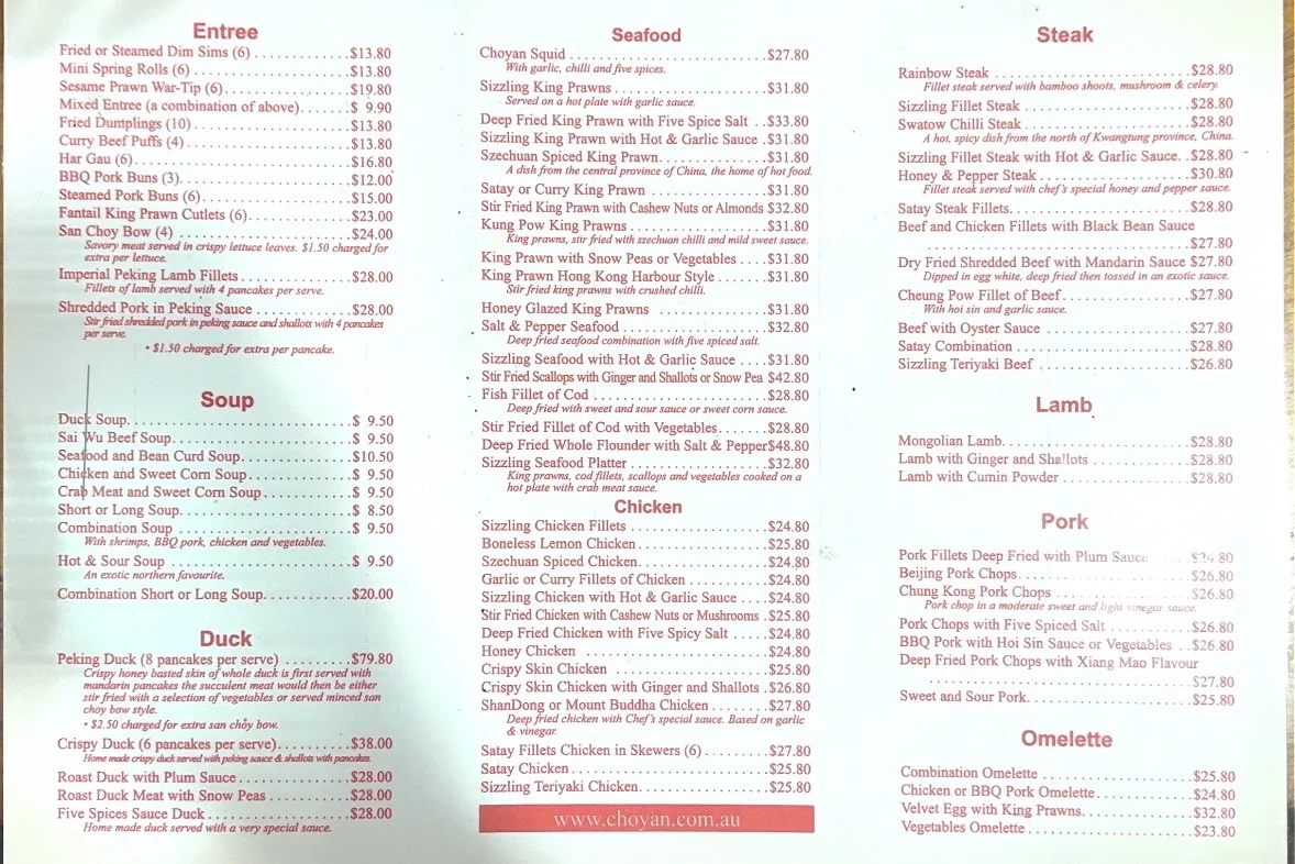 Menu, Choyan Restaurant