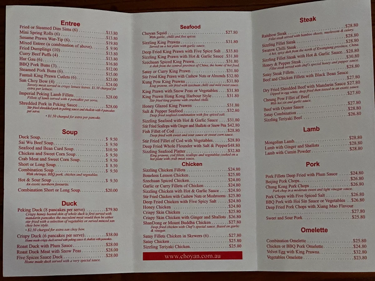 Menu, Choyan Restaurant