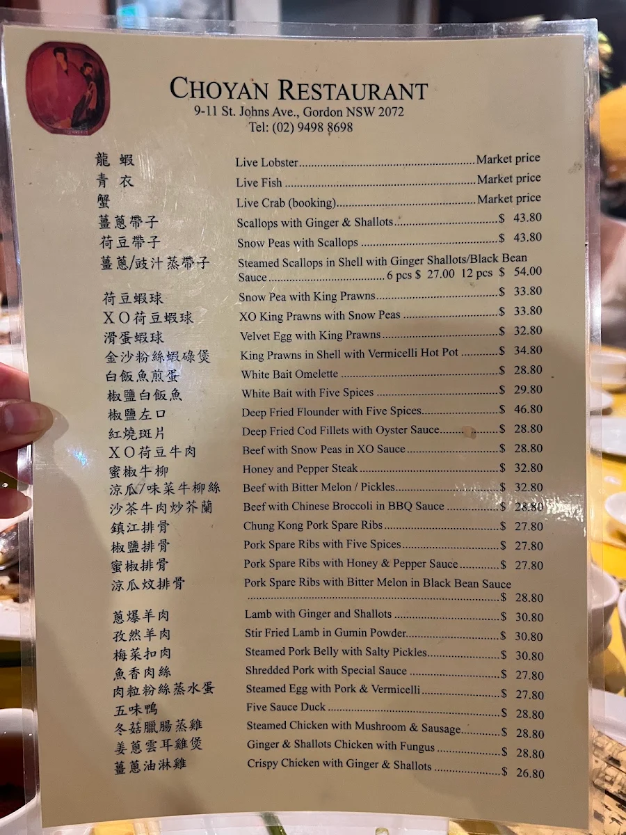 Menu, Choyan Restaurant