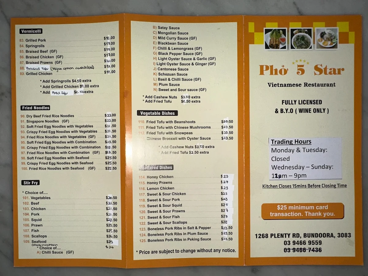 Menu, Pho 5 Star