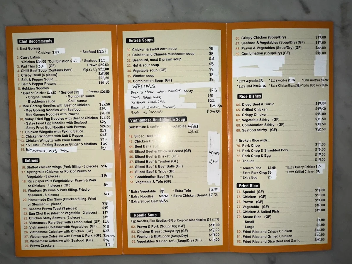 Menu, Pho 5 Star