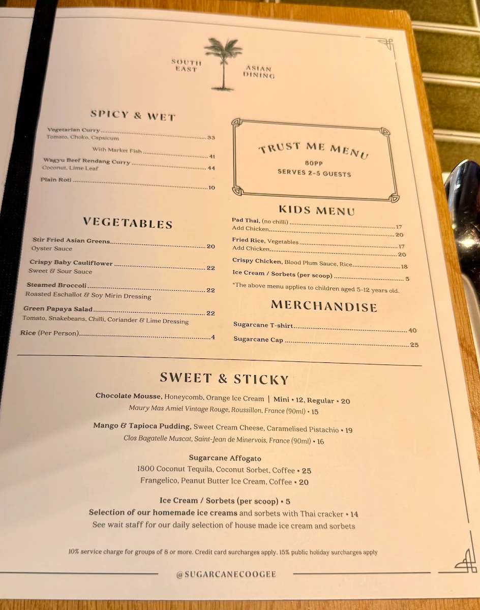 Menu, Sugarcane Coogee