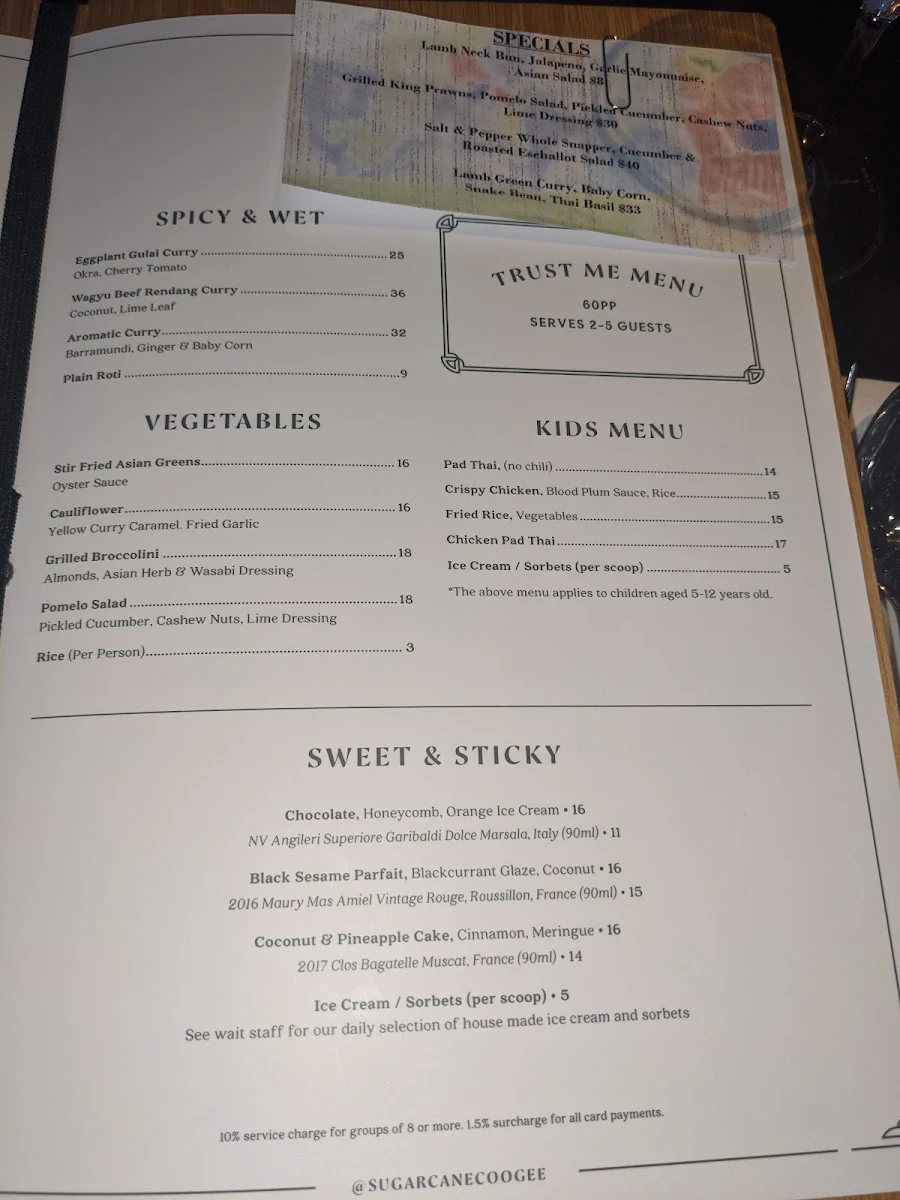 Menu, Sugarcane Coogee