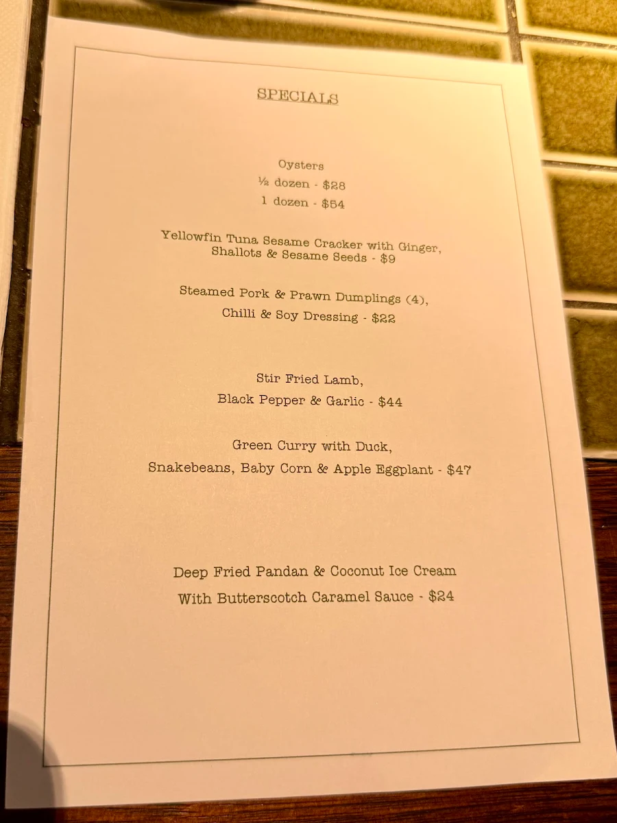 Menu, Sugarcane Coogee