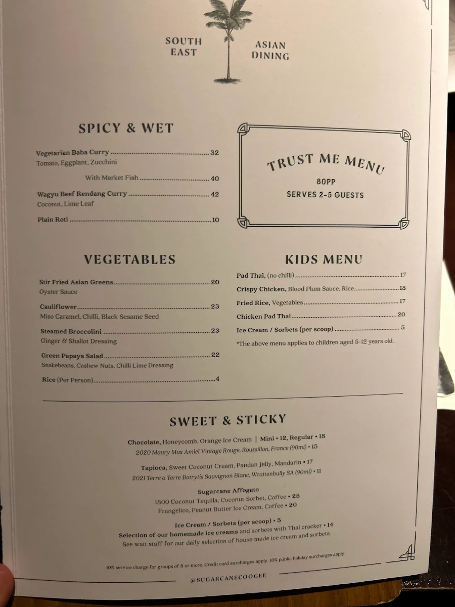 Menu, Sugarcane Coogee