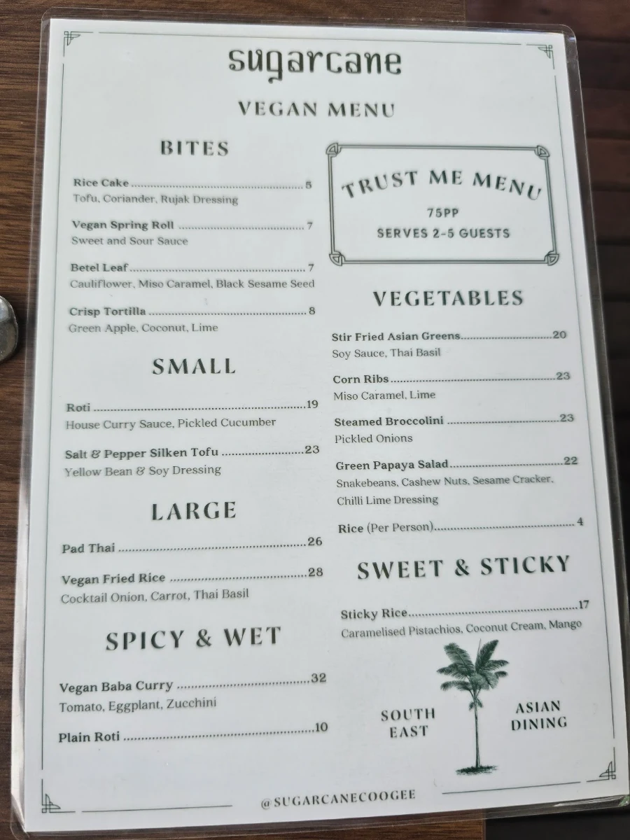 Menu, Sugarcane Coogee