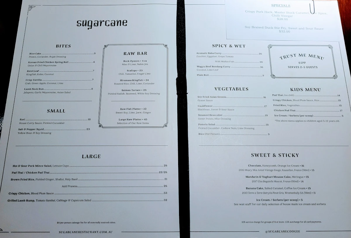 Menu, Sugarcane Coogee