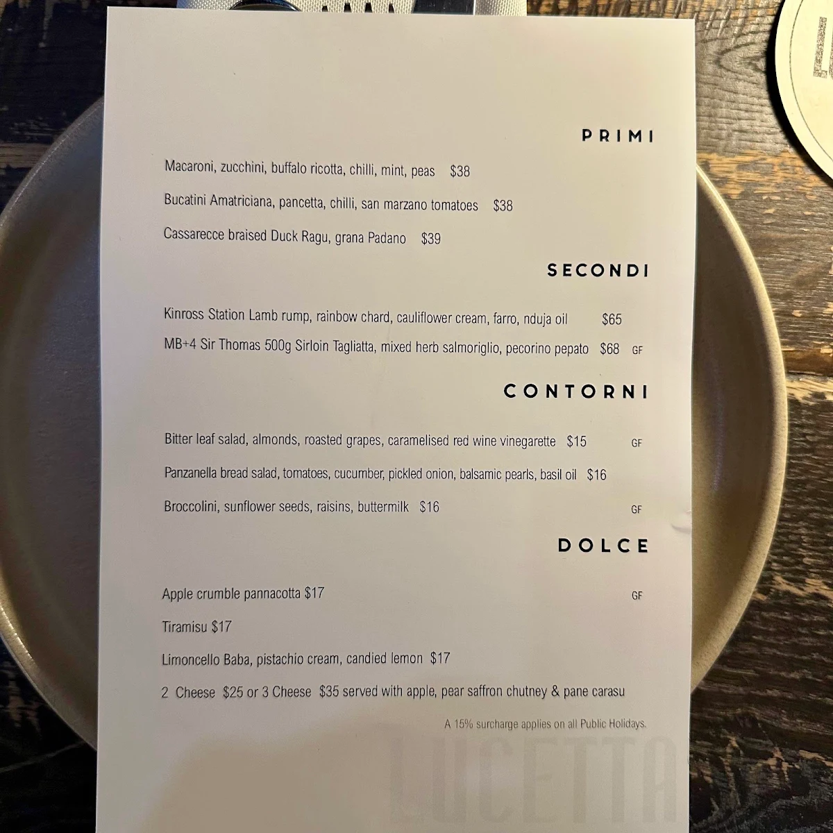 Menu, Lucetta Dining