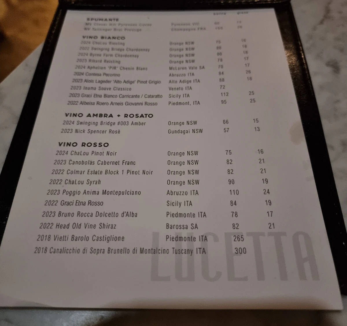 Menu, Lucetta Dining