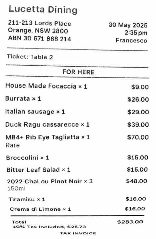 Menu, Lucetta Dining