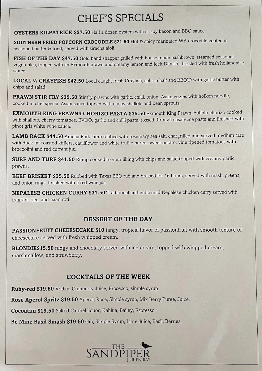 Menu, Sandpiper Tavern & Pizzeria