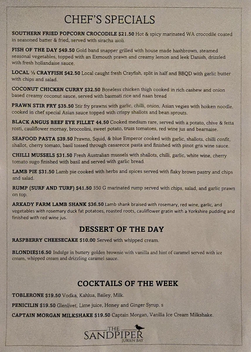 Menu, Sandpiper Tavern & Pizzeria
