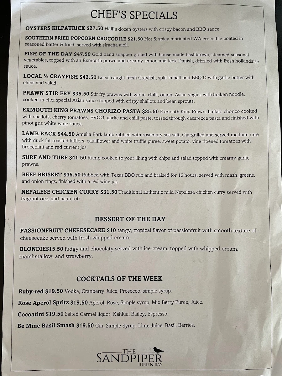 Menu, Sandpiper Tavern & Pizzeria