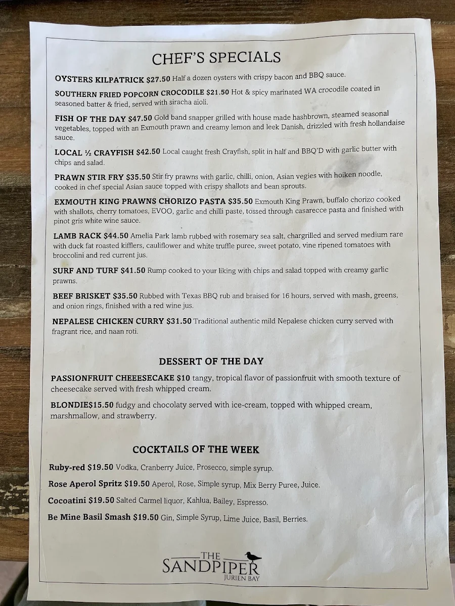 Menu, Sandpiper Tavern & Pizzeria