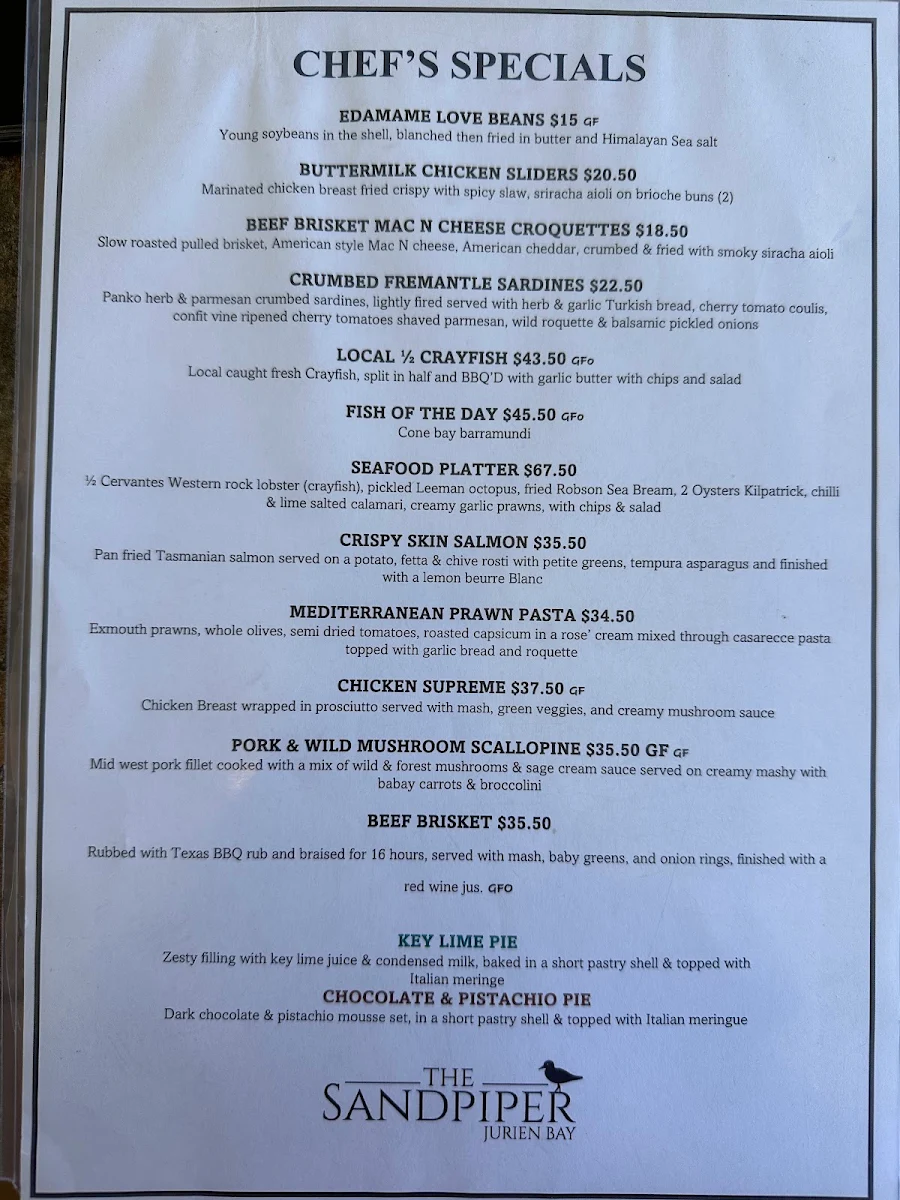Menu, Sandpiper Tavern & Pizzeria