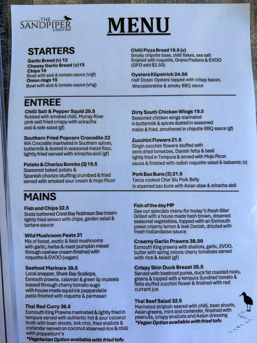 Menu, Sandpiper Tavern & Pizzeria