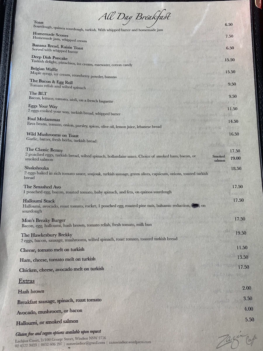Menu, The Second Home Cafe - Windsor
