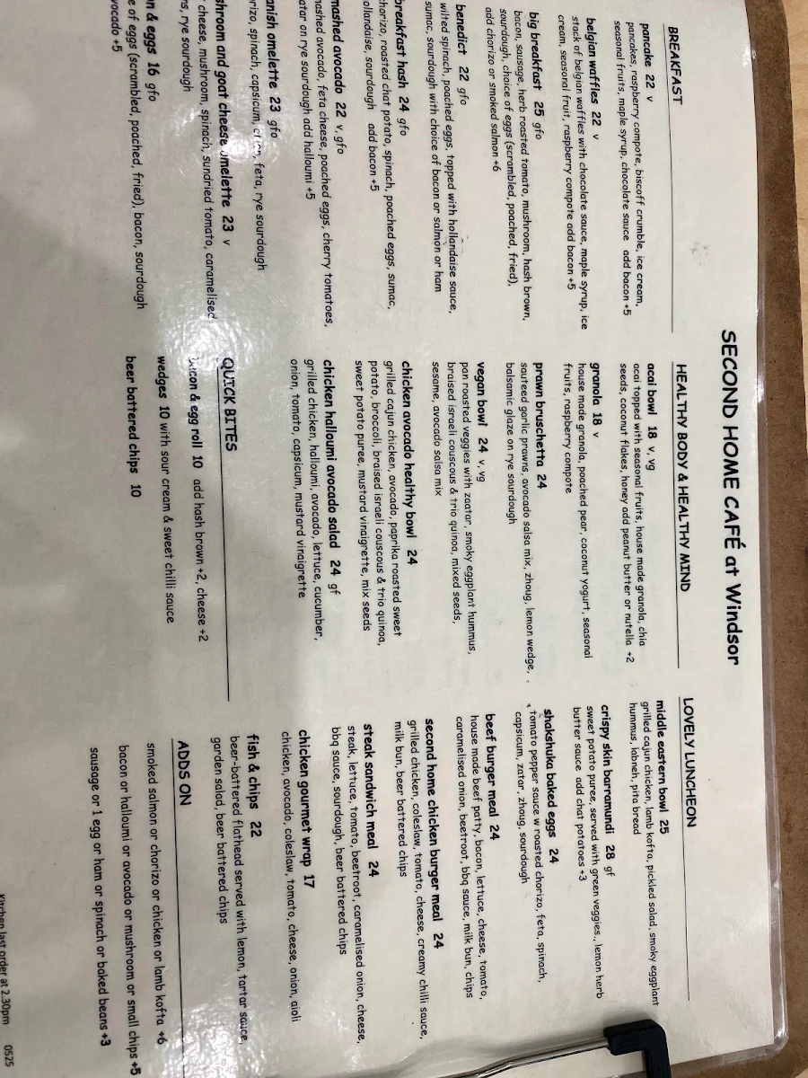 Menu, The Second Home Cafe - Windsor