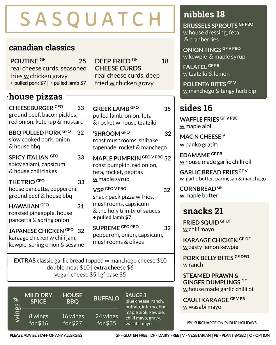 Menu, SASQUATCH BAR