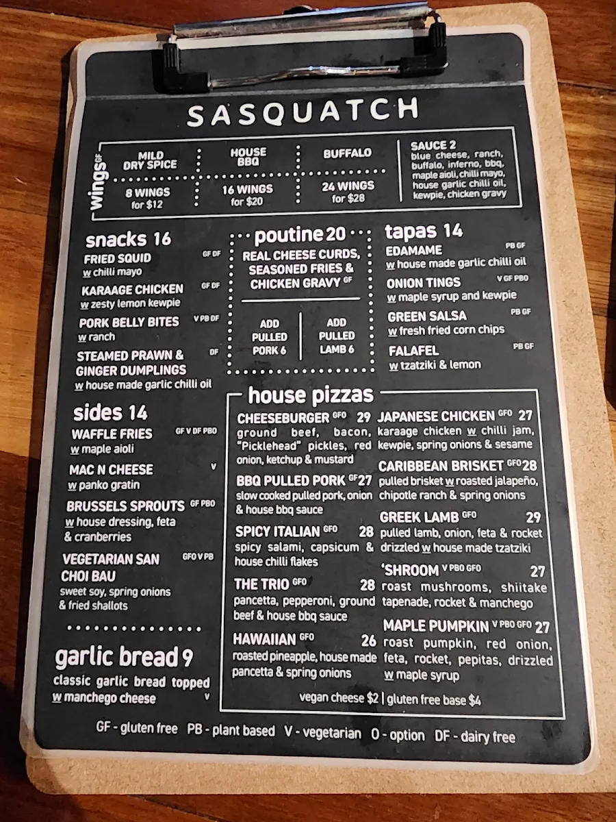 Menu, SASQUATCH BAR