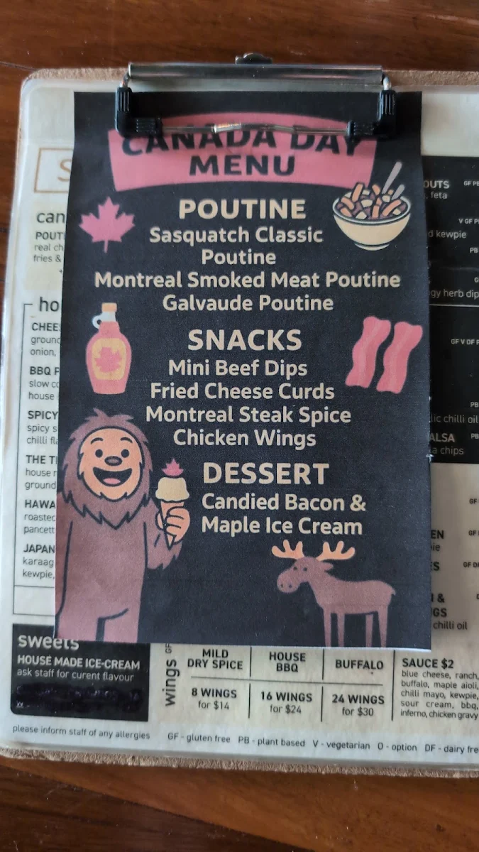 Menu, SASQUATCH BAR