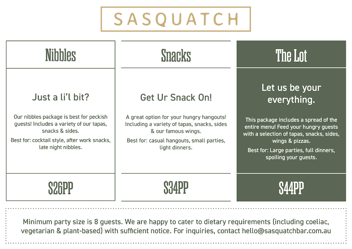 Menu, SASQUATCH BAR