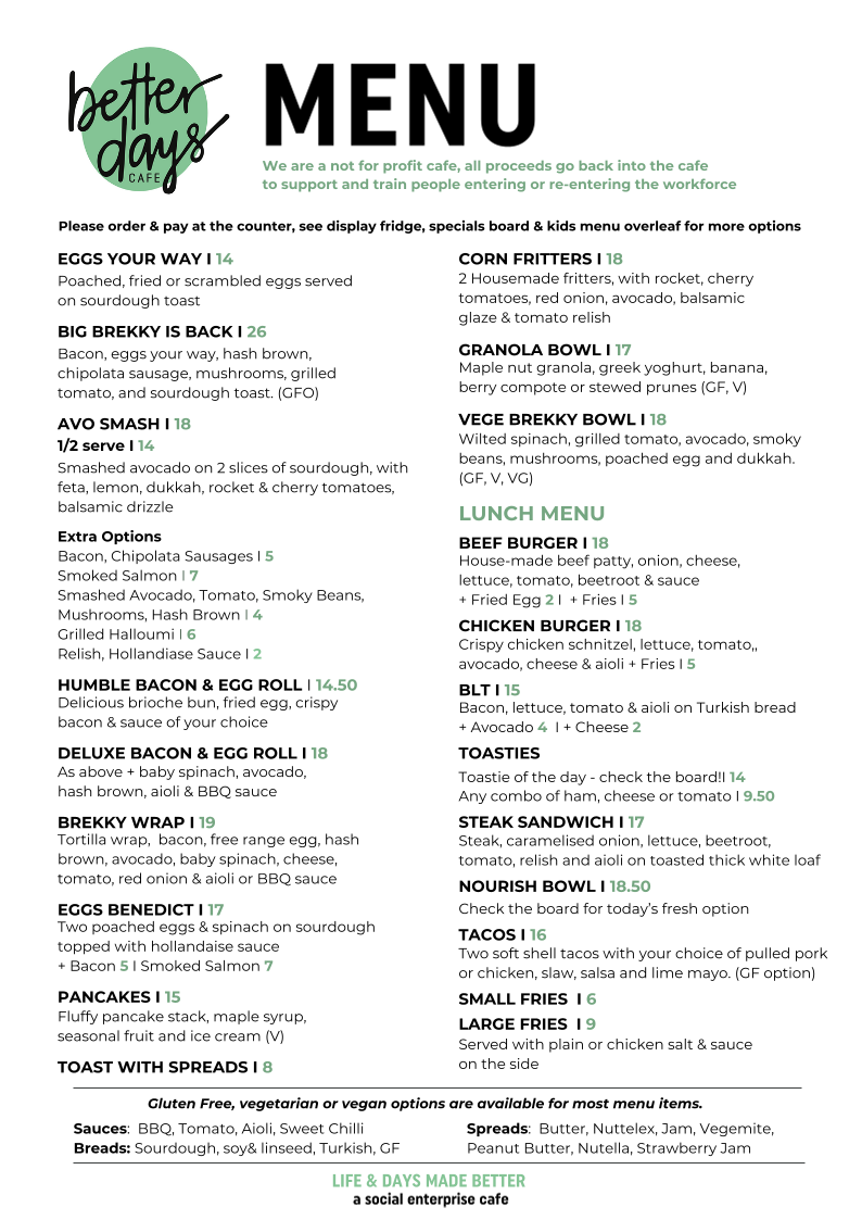 Menu, Better Days Cafe