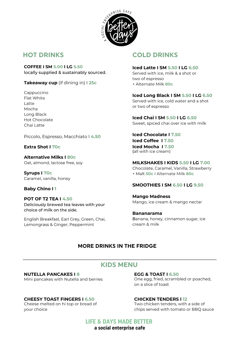 Menu, Better Days Cafe