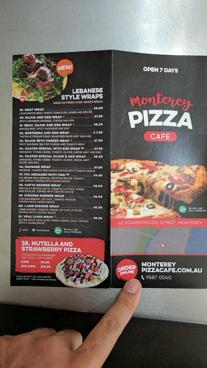 Menu, Monterey Pizza Cafe