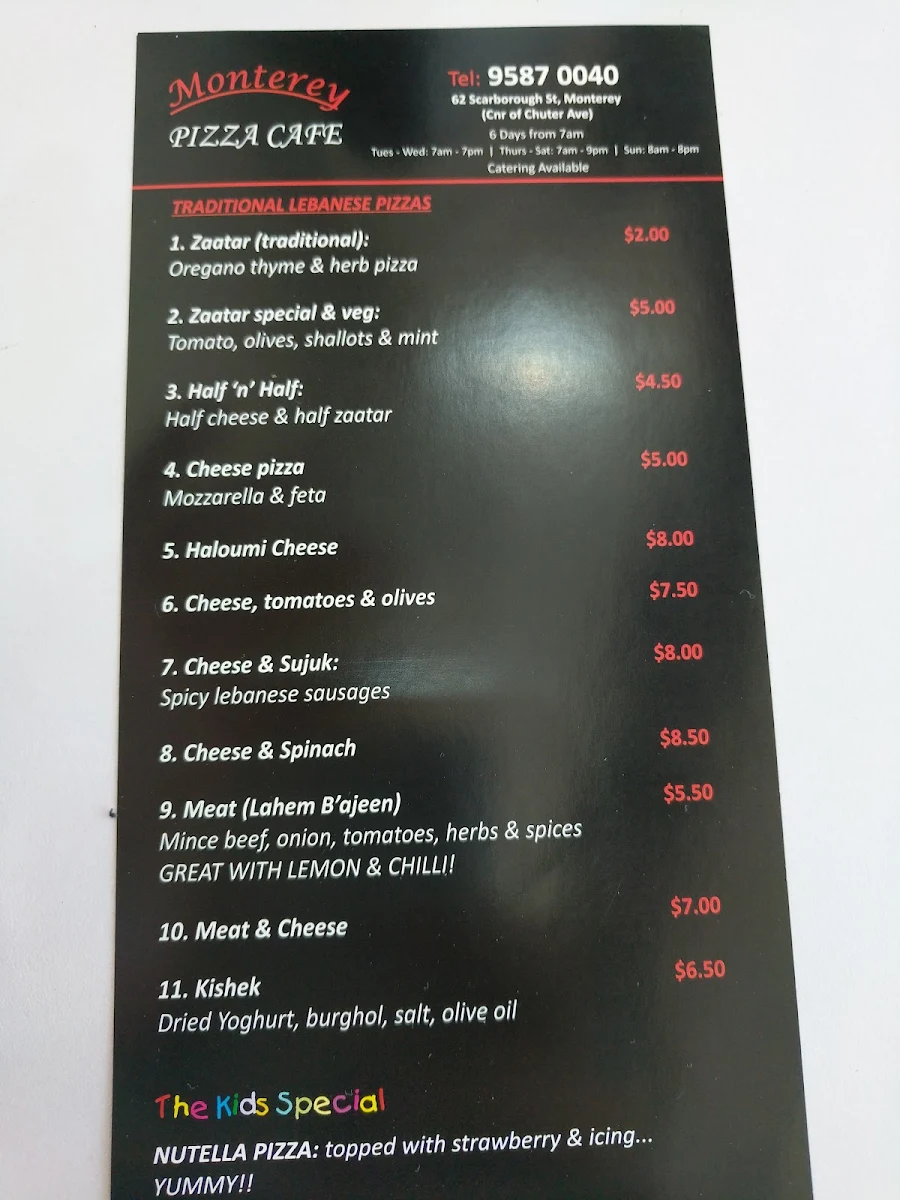 Menu, Monterey Pizza Cafe