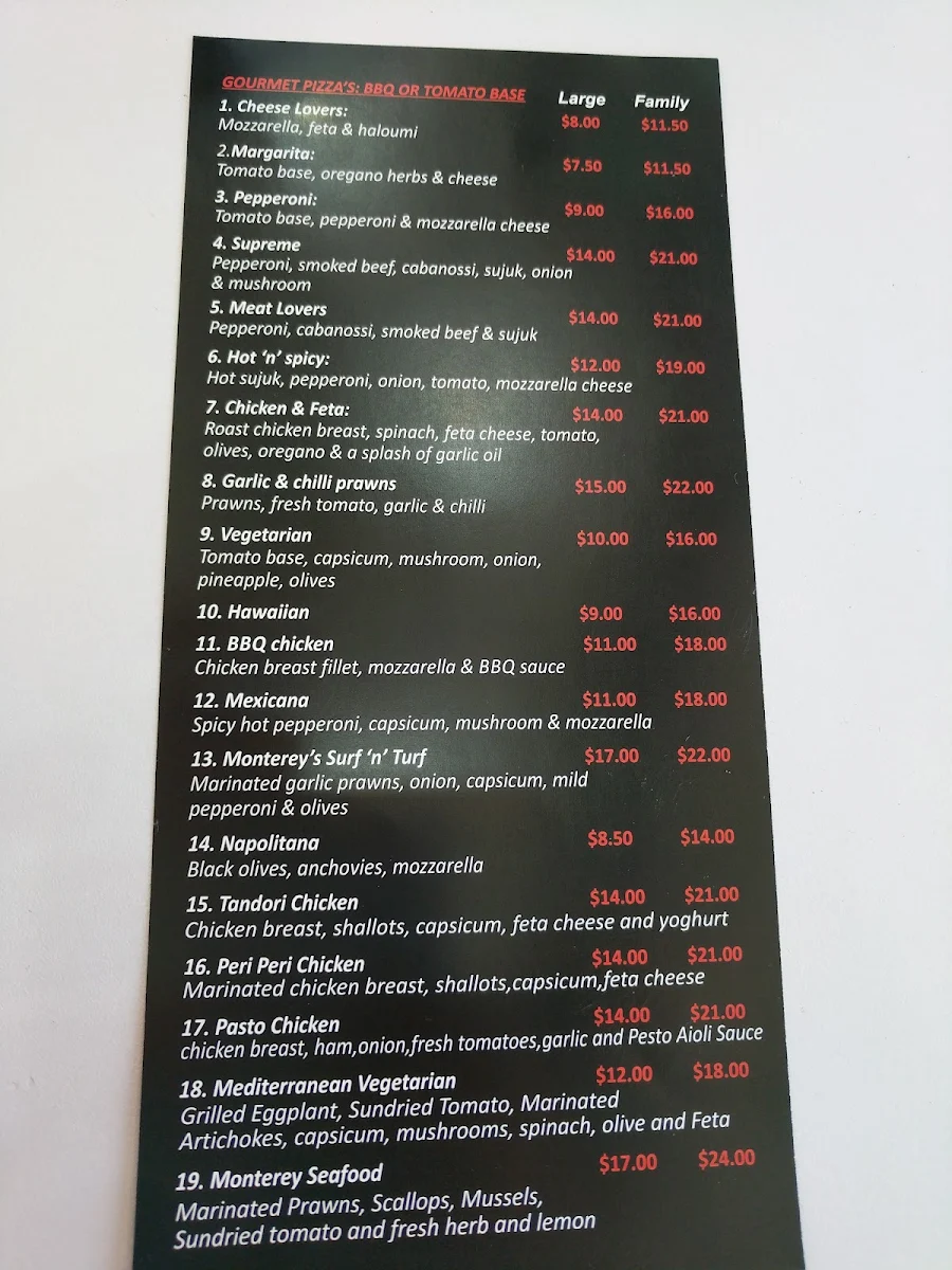 Menu, Monterey Pizza Cafe
