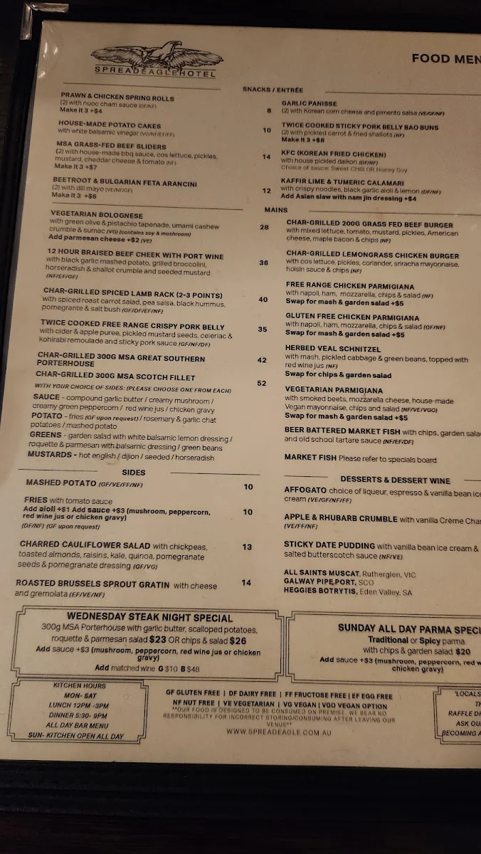 Menu, Spread Eagle Hotel