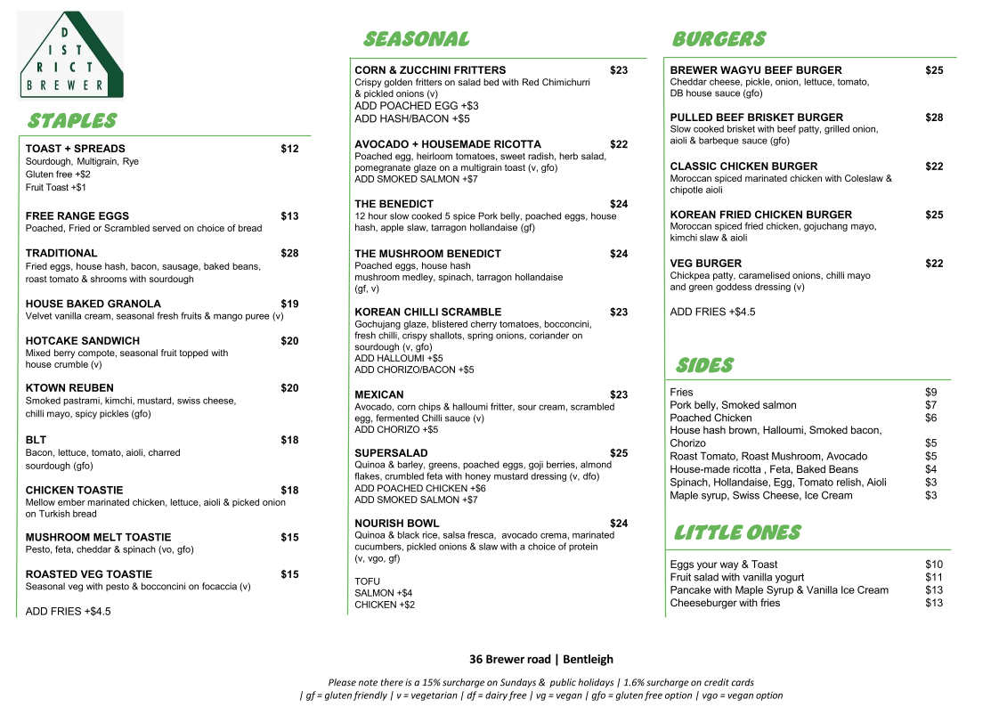 Menu, District Brewer - Cafe Bentleigh