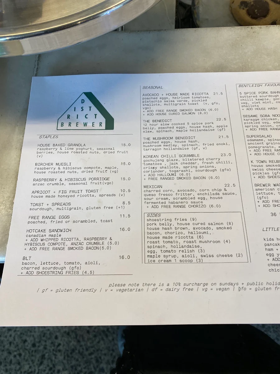 Menu, District Brewer - Cafe Bentleigh