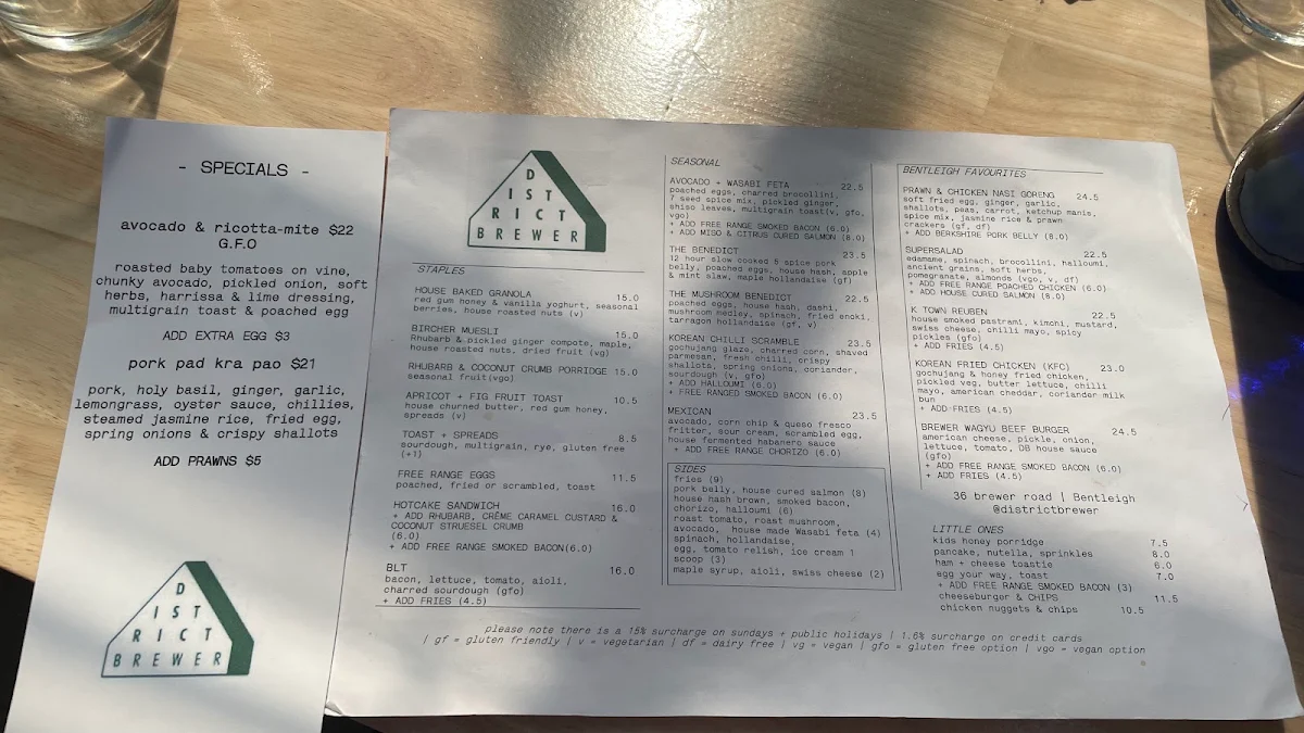 Menu, District Brewer - Cafe Bentleigh