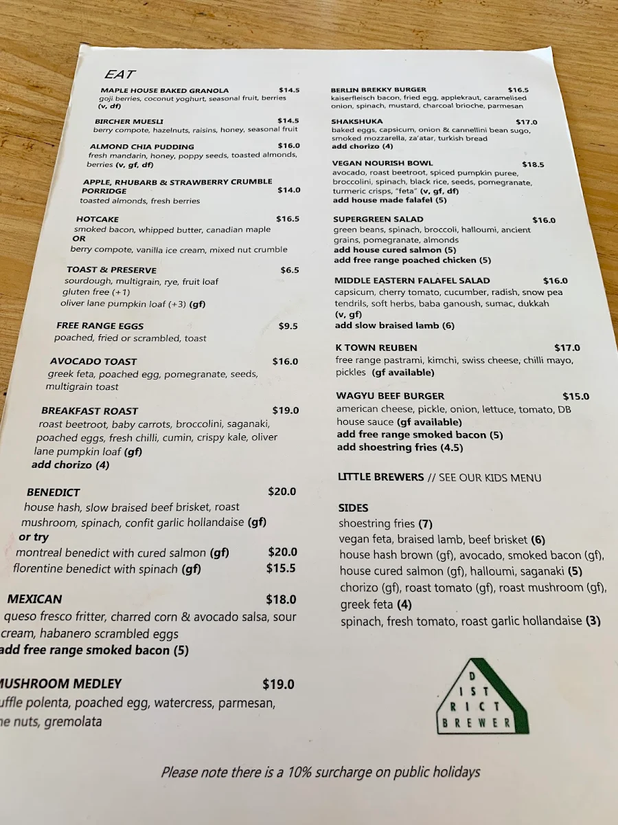 Menu, District Brewer - Cafe Bentleigh