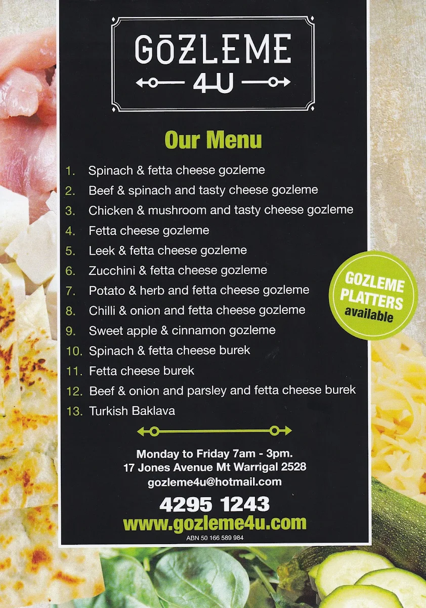 Menu, Gozleme 4U & Burek Shop
