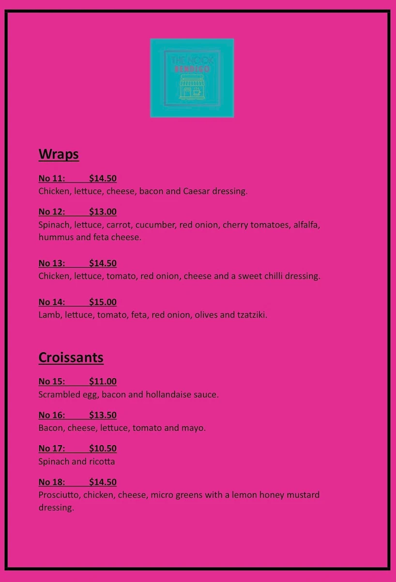 Menu, The Nook