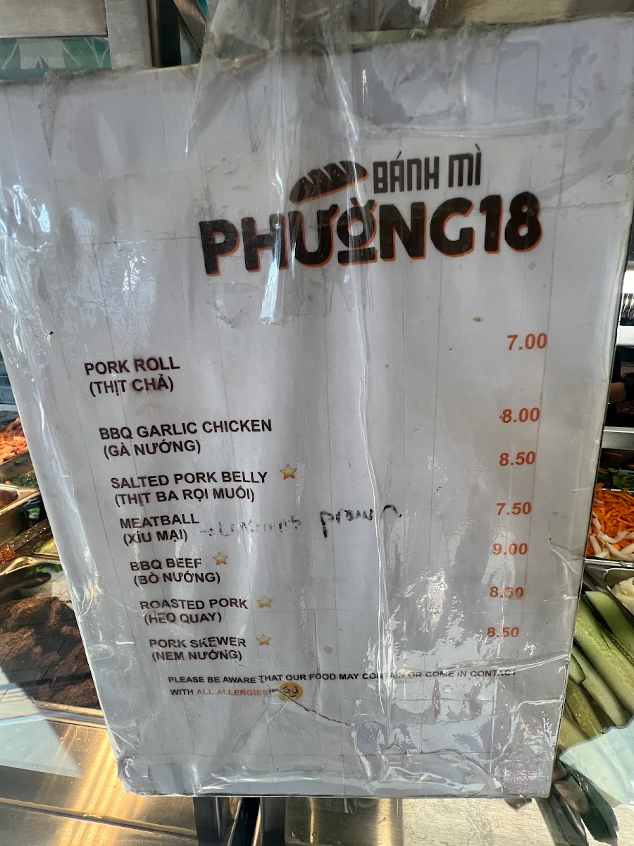 Menu, Banh mi Phuong 18
