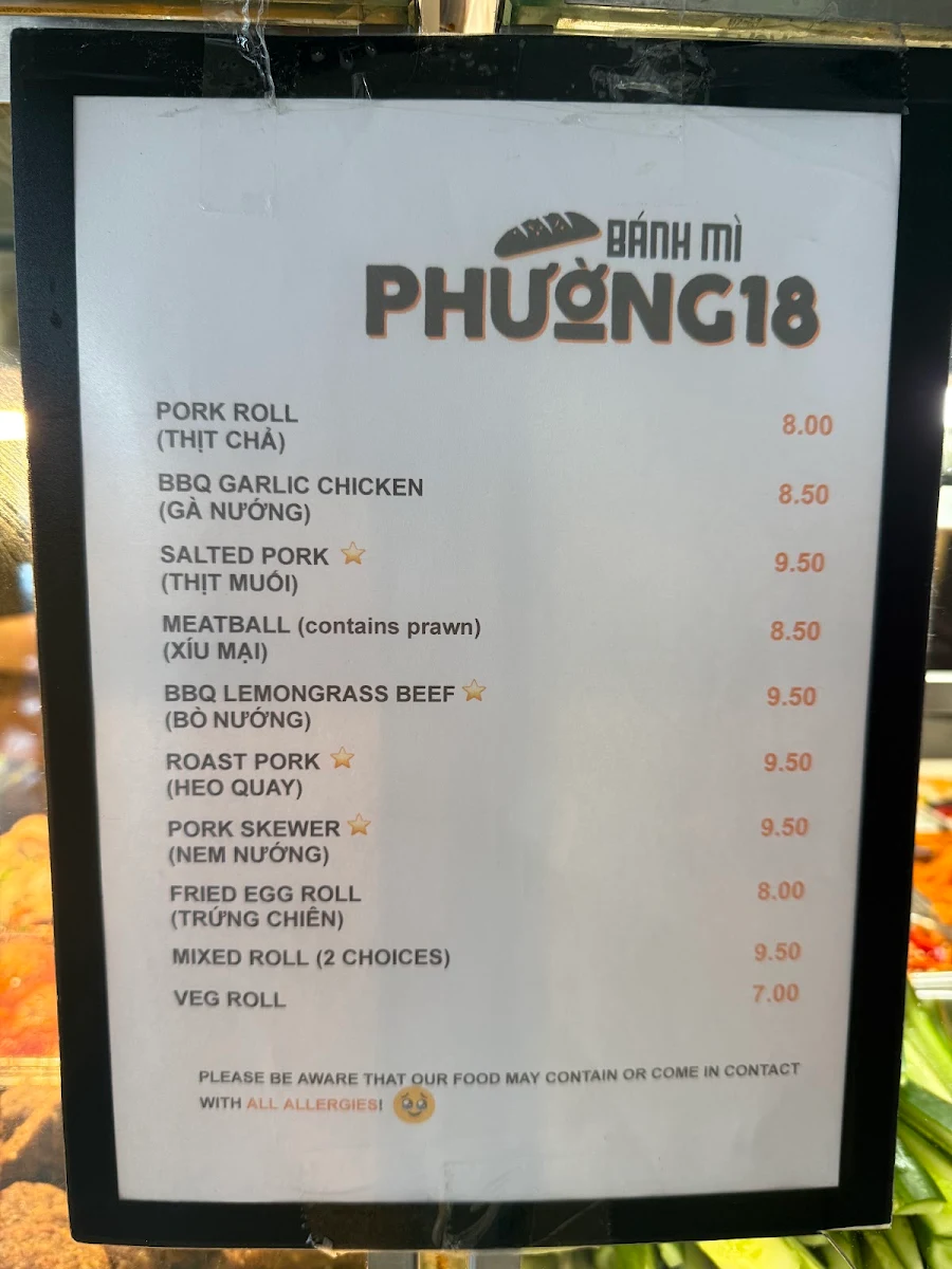 Menu, Banh mi Phuong 18